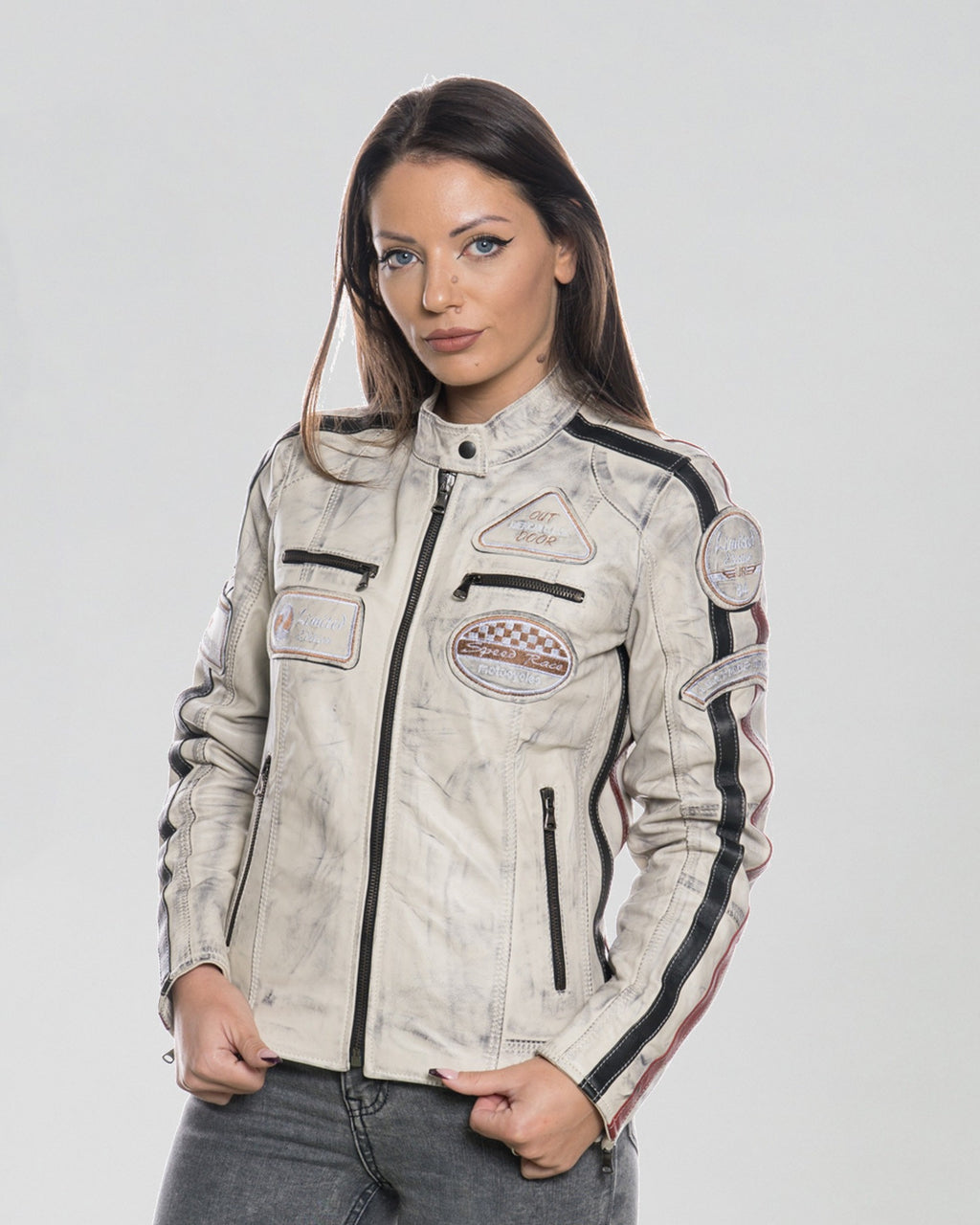 Brown Women's Buffed Genuine Leather Biker Jacket