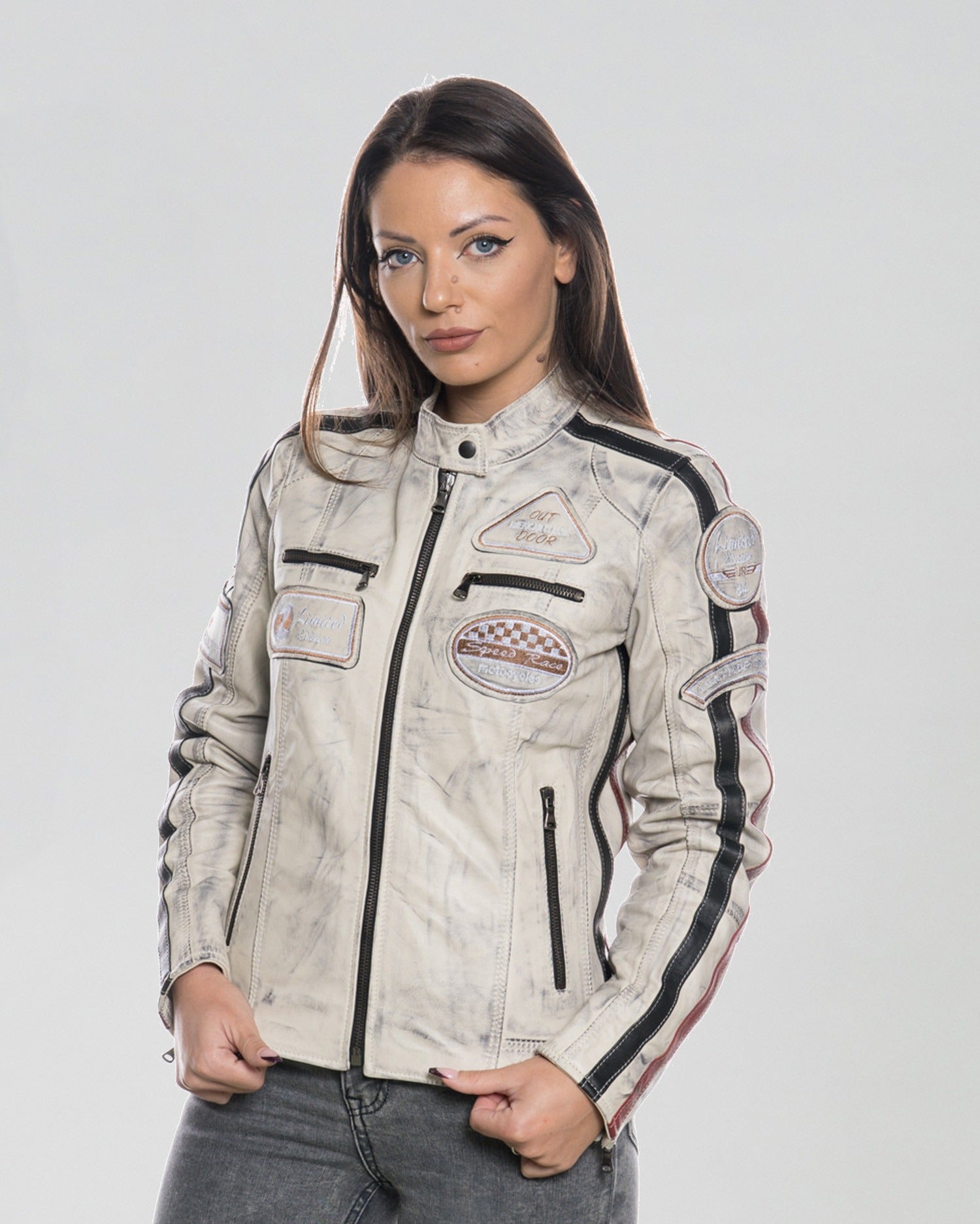 Brown Women's Buffed Genuine Leather Biker Jacket