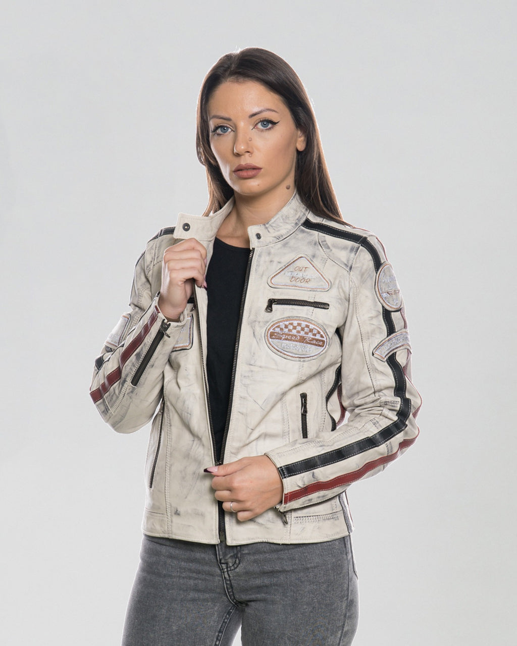 Brown Women's Buffed Genuine Leather Biker Jacket