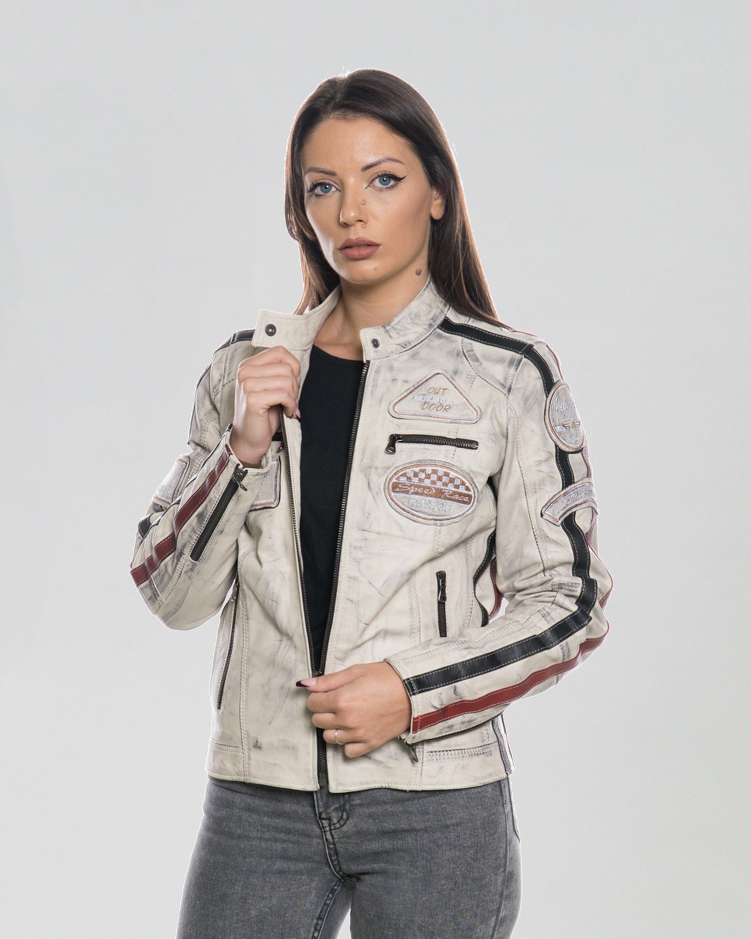 Brown Women's Buffed Genuine Leather Biker Jacket