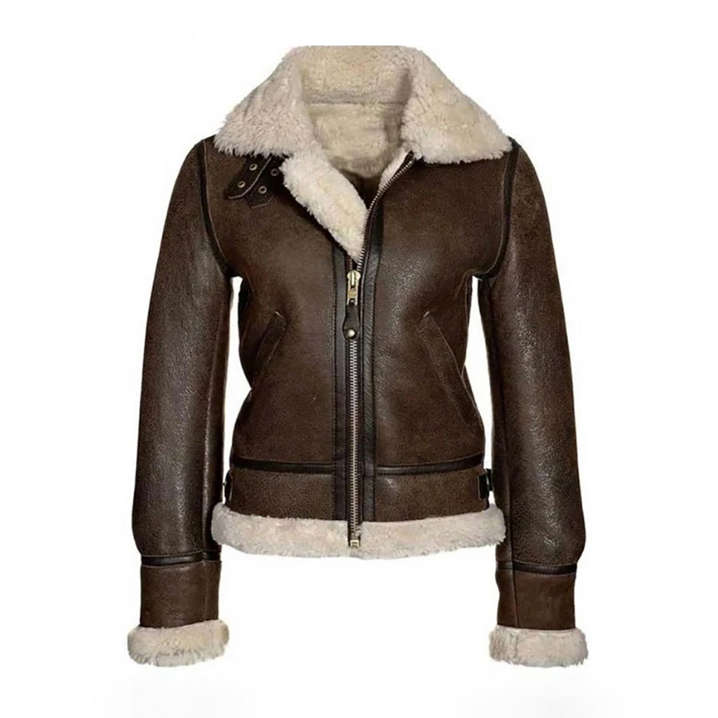Women's Brown B3 Shearling Leather Jacket – Real Sheepskin Faux-Fur Lined