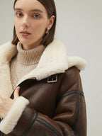 Women's Brown Hooded Shearling Leather Jacket | Real Sheepskin