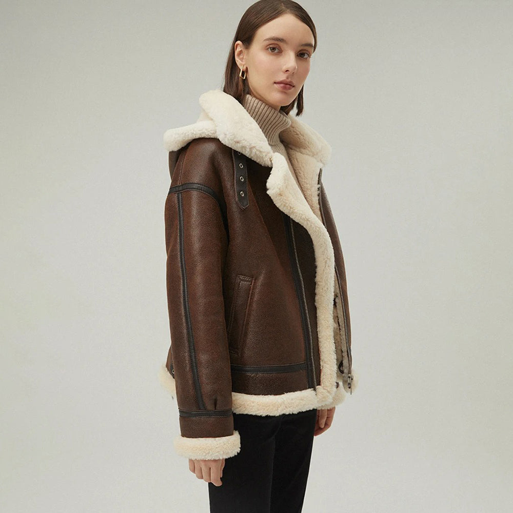 Women's Brown Hooded Shearling Leather Jacket | Real Sheepskin
