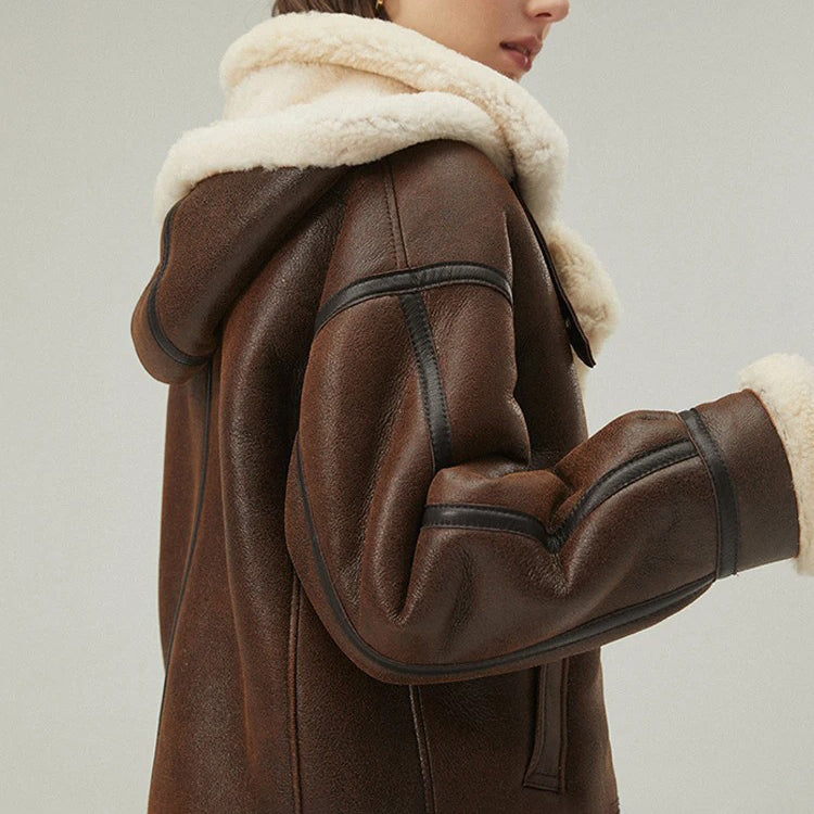 Women's Brown Hooded Shearling Leather Jacket | Real Sheepskin