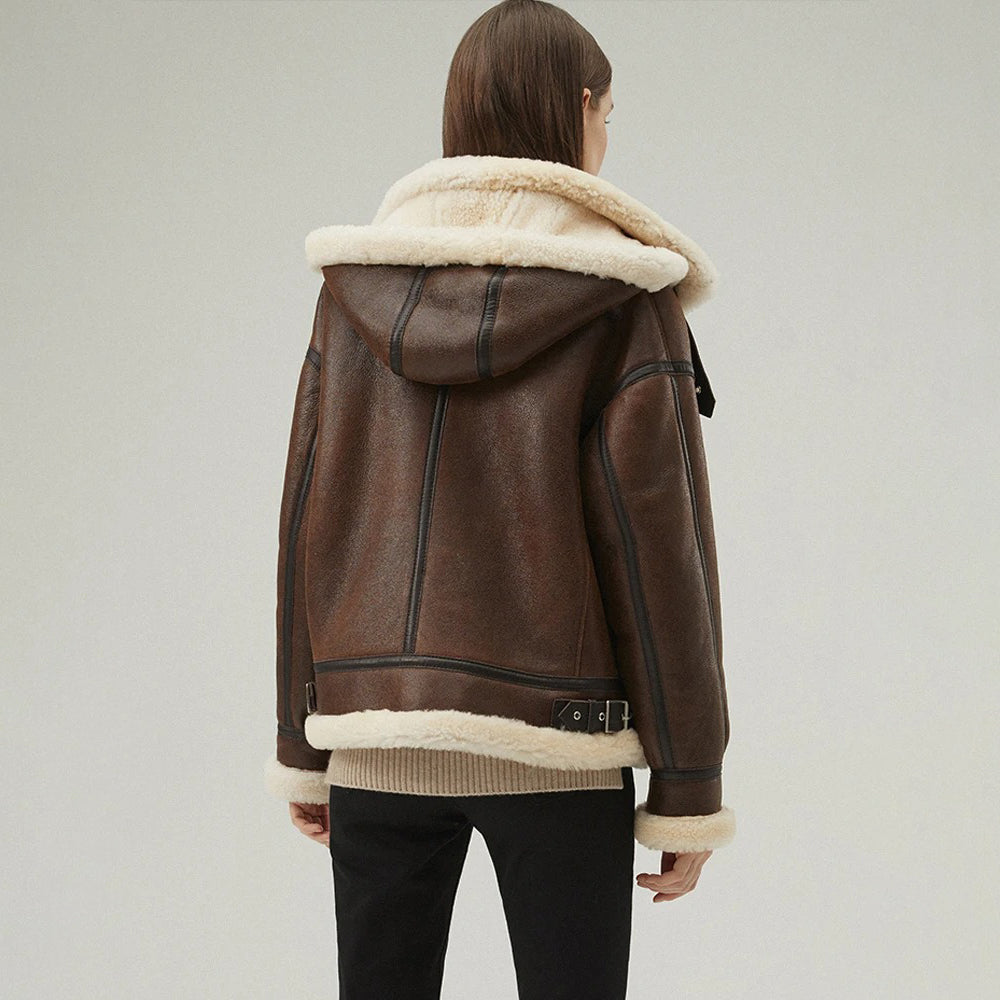 Women's Brown Hooded Shearling Leather Jacket | Real Sheepskin
