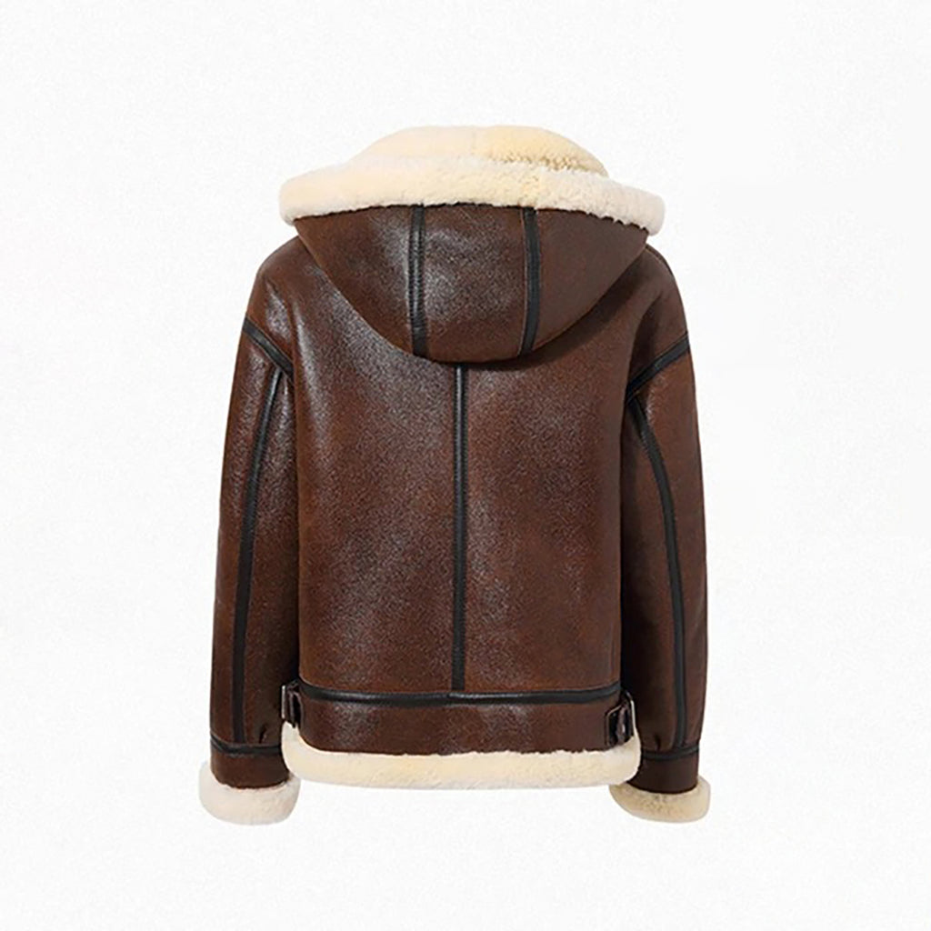 Women's Brown Hooded Shearling Leather Jacket | Real Sheepskin