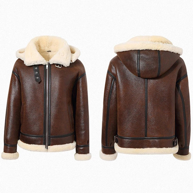 Women's Brown Hooded Shearling Leather Jacket | Real Sheepskin