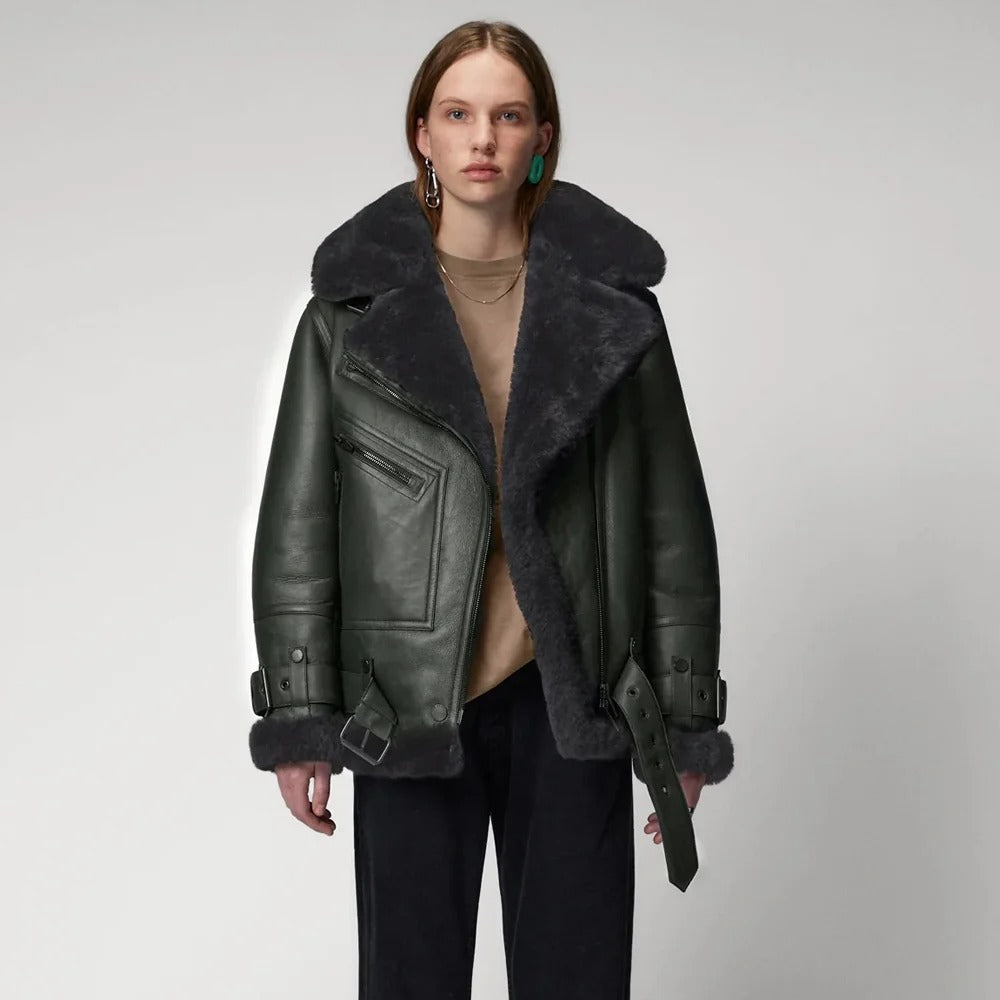 Women's Beige Shearling Aviator Jacket – Faux-Fur Lined Leather Biker Coat