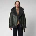 Women's Beige Shearling Aviator Jacket – Faux-Fur Lined Leather Biker Coat