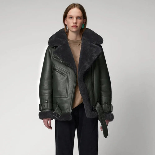 Women's Green Shearling Aviator Jacket – Faux-Fur Lined Leather Biker Coat