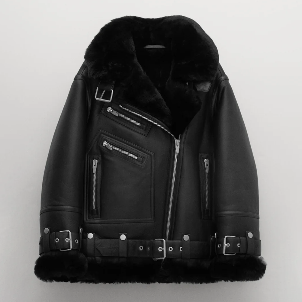 Women's Real Leather Shearling Biker Jacket – Faux Fur Lined Aviator Moto Coat