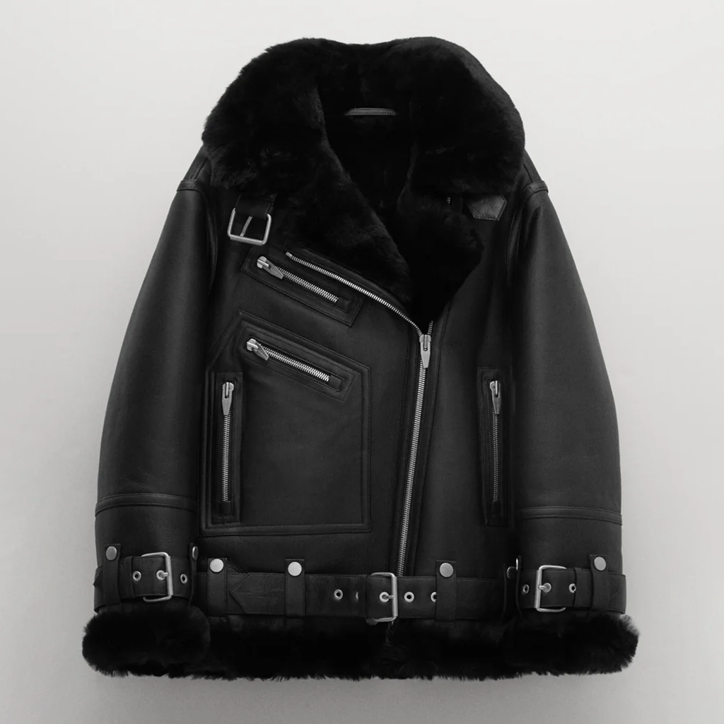 Women's Real Leather Shearling Biker Jacket – Faux Fur Lined Aviator Moto Coat