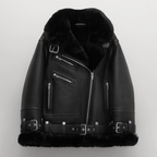 Women's Real Leather Shearling Biker Jacket – Faux Fur Lined Aviator Moto Coat