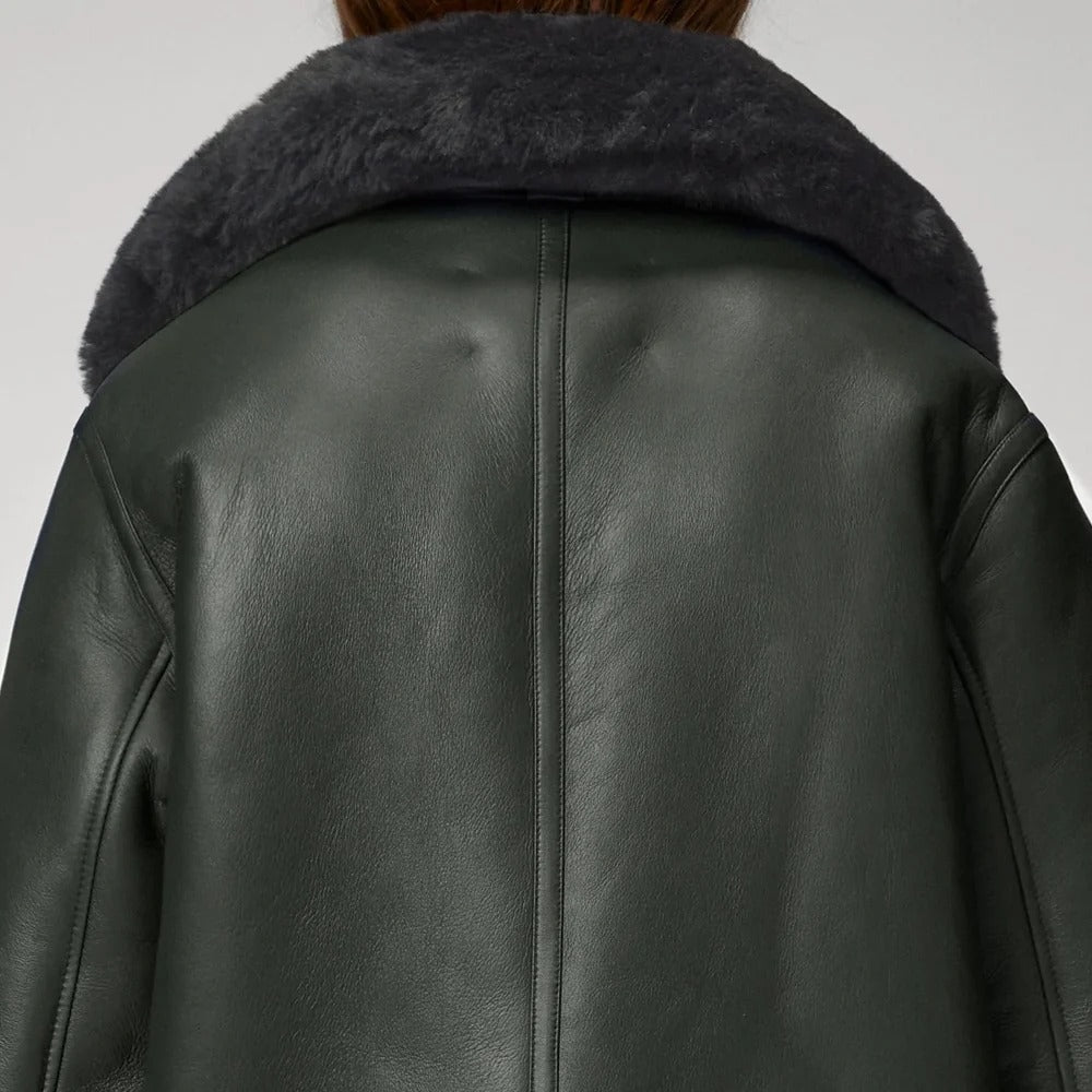 Women's Beige Shearling Aviator Jacket – Faux-Fur Lined Leather Biker Coat