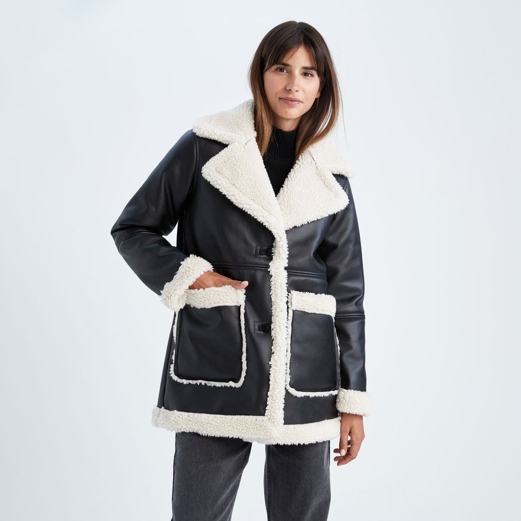 Oversized Women's Black Shearling Jacket – Sheepskin Leather Faux-Fur Coat