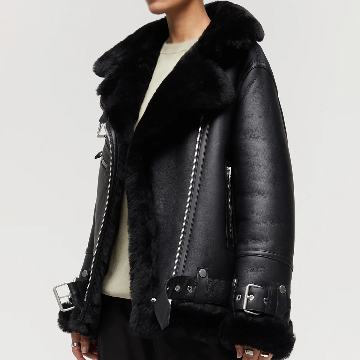 Women's Beige Real Leather Shearling Biker Jacket – Faux Fur Lined Aviator Moto Coat