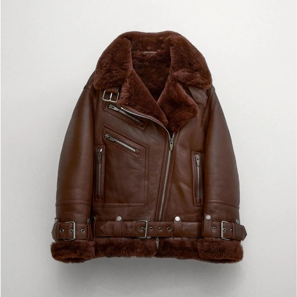 Women's Cognac Shearling Aviator Jacket – Faux-Fur Lined Leather Biker Coat