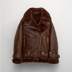 Women's Beige Shearling Aviator Jacket – Faux-Fur Lined Leather Biker Coat