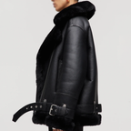 Women's Real Leather Shearling Biker Jacket – Faux Fur Lined Aviator Moto Coat