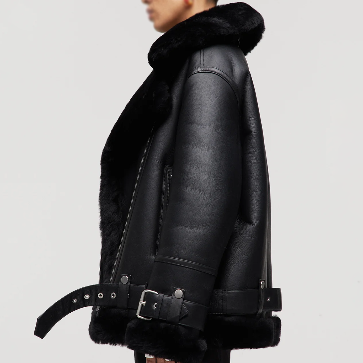 Women's Real Leather Shearling Biker Jacket – Faux Fur Lined Aviator Moto Coat