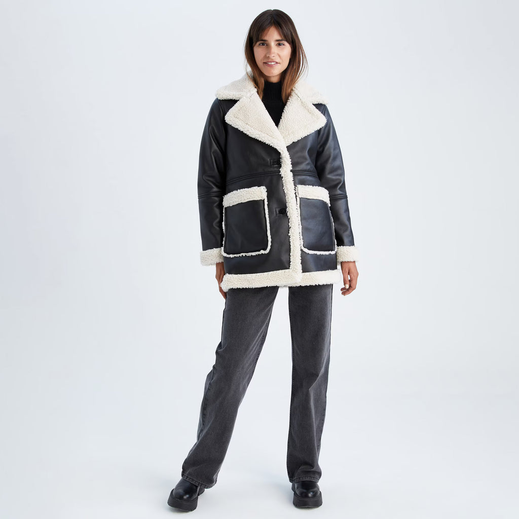Oversized Women's Black Shearling Jacket – Sheepskin Leather Faux-Fur Coat