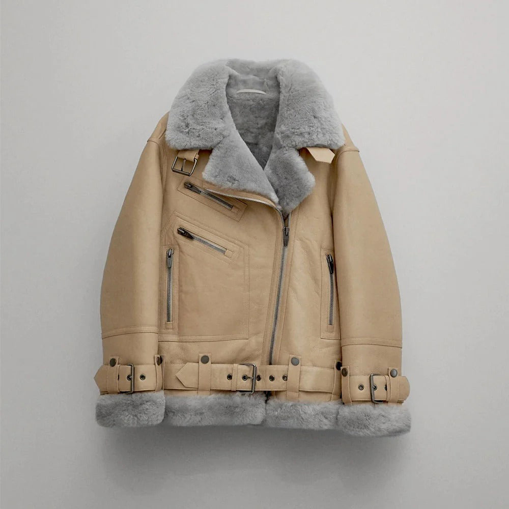 Women's Cognac Shearling Aviator Jacket – Faux-Fur Lined Leather Biker Coat