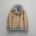Women's Beige Shearling Aviator Jacket – Faux-Fur Lined Leather Biker Coat