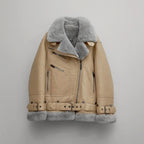 Women's Beige Shearling Aviator Jacket – Faux-Fur Lined Leather Biker Coat