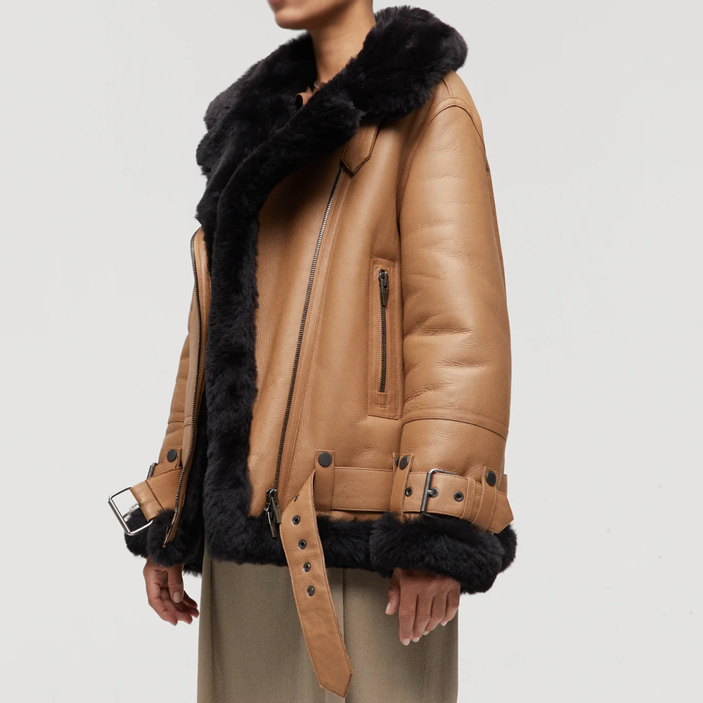 Women's Beige Real Leather Shearling Biker Jacket – Faux Fur Lined Aviator Moto Coat
