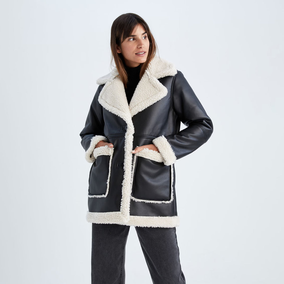 Oversized Women's Black Shearling Jacket – Sheepskin Leather Faux-Fur Coat