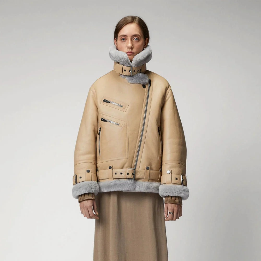 Women's Beige Shearling Aviator Jacket – Faux-Fur Lined Leather Biker Coat