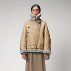 Women's Beige Shearling Aviator Jacket – Faux-Fur Lined Leather Biker Coat