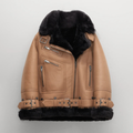 Women's Beige Real Leather Shearling Biker Jacket – Faux Fur Lined Aviator Moto Coat