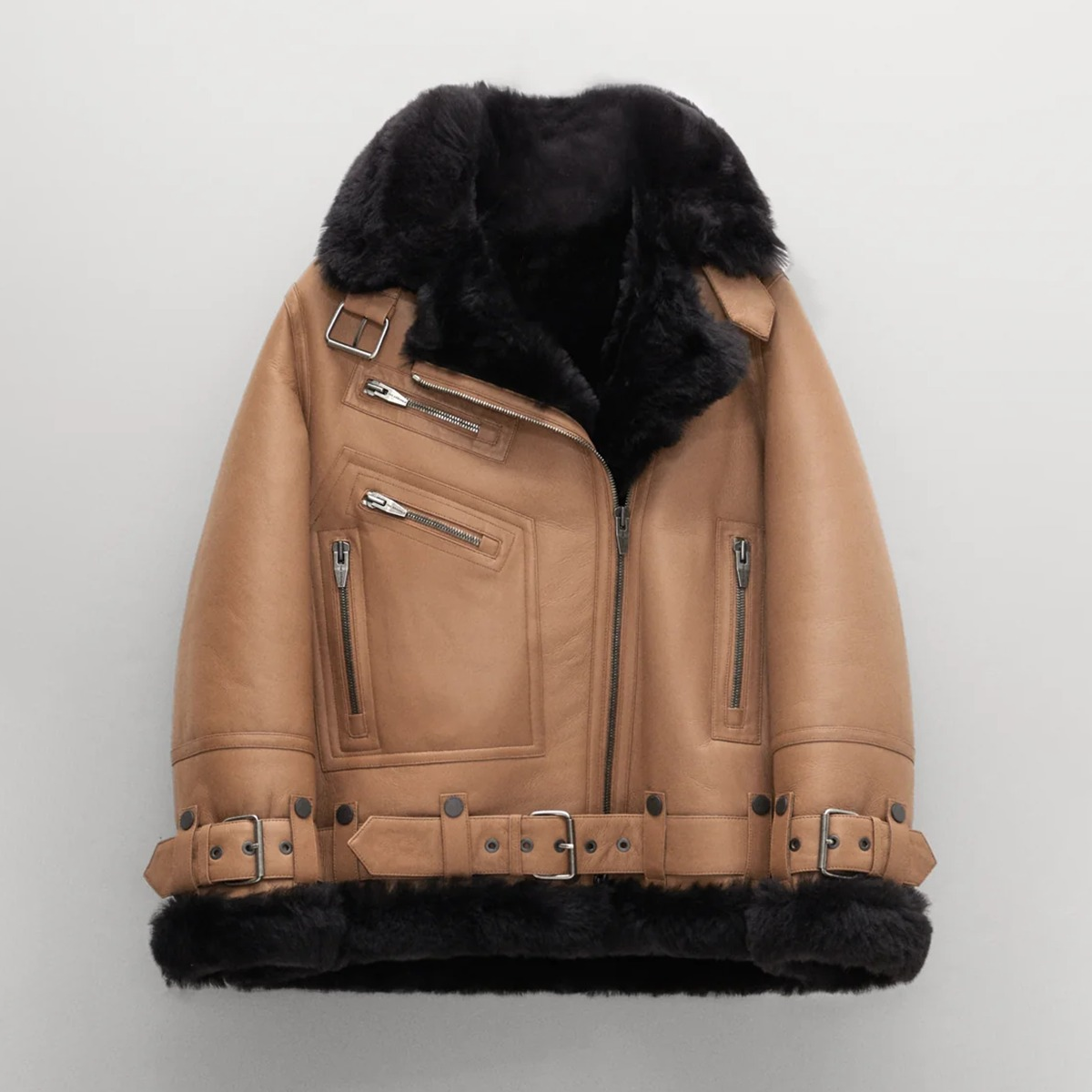 Women's Beige Real Leather Shearling Biker Jacket – Faux Fur Lined Aviator Moto Coat