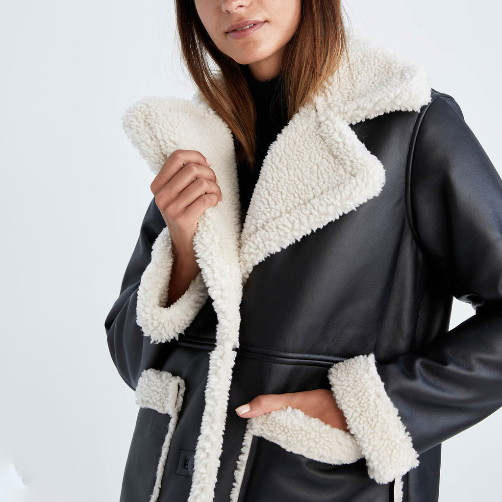 Oversized Women's Black Shearling Jacket – Sheepskin Leather Faux-Fur Coat