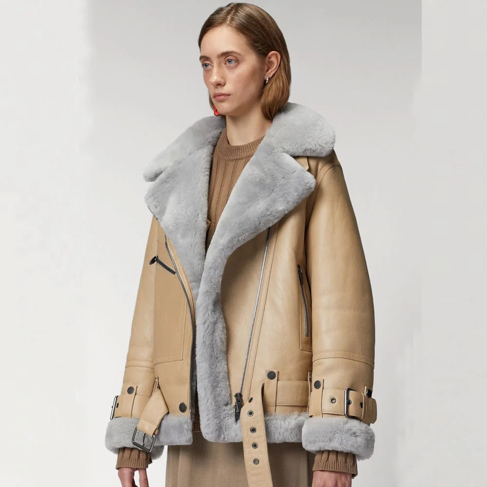 Women's Beige Shearling Aviator Jacket – Faux-Fur Lined Leather Biker Coat
