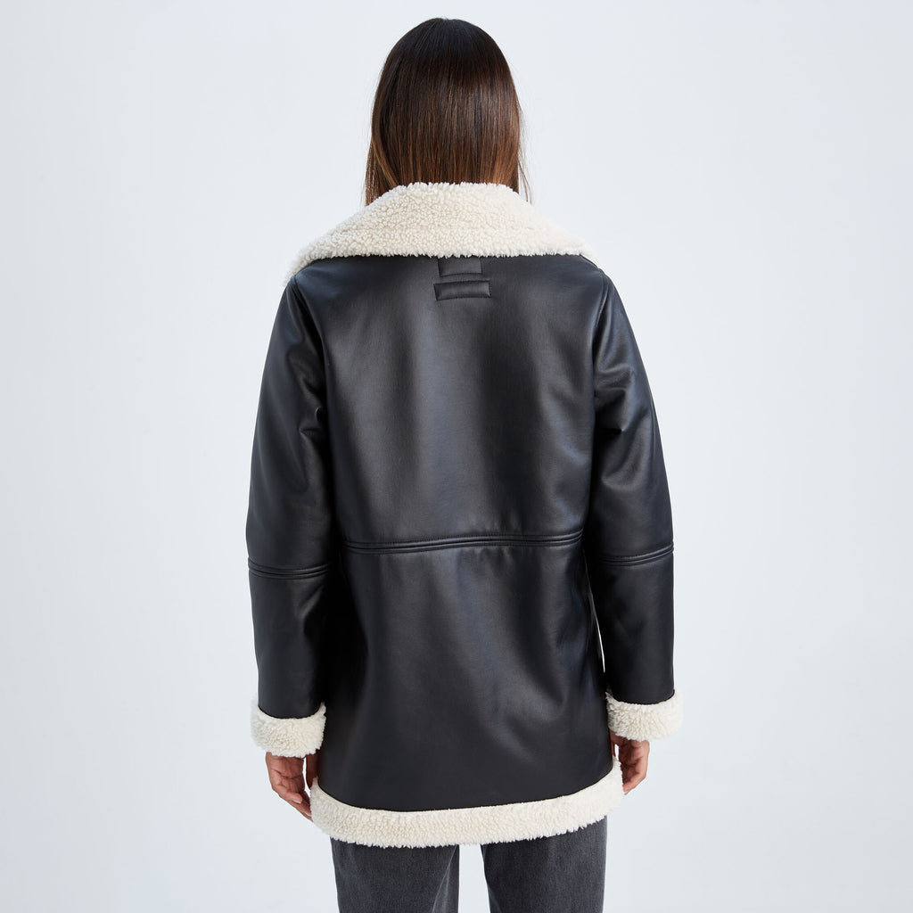 Oversized Women's Black Shearling Jacket – Sheepskin Leather Faux-Fur Coat