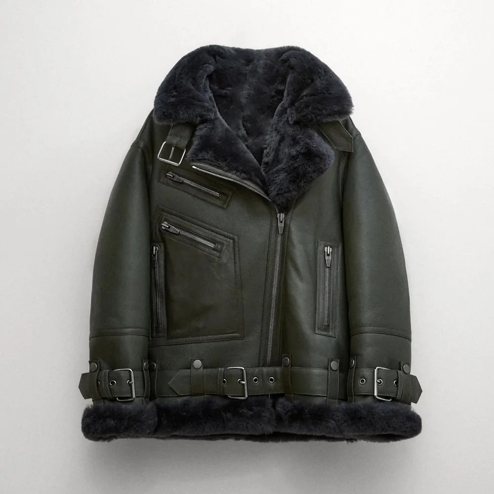 Women's Beige Shearling Aviator Jacket – Faux-Fur Lined Leather Biker Coat