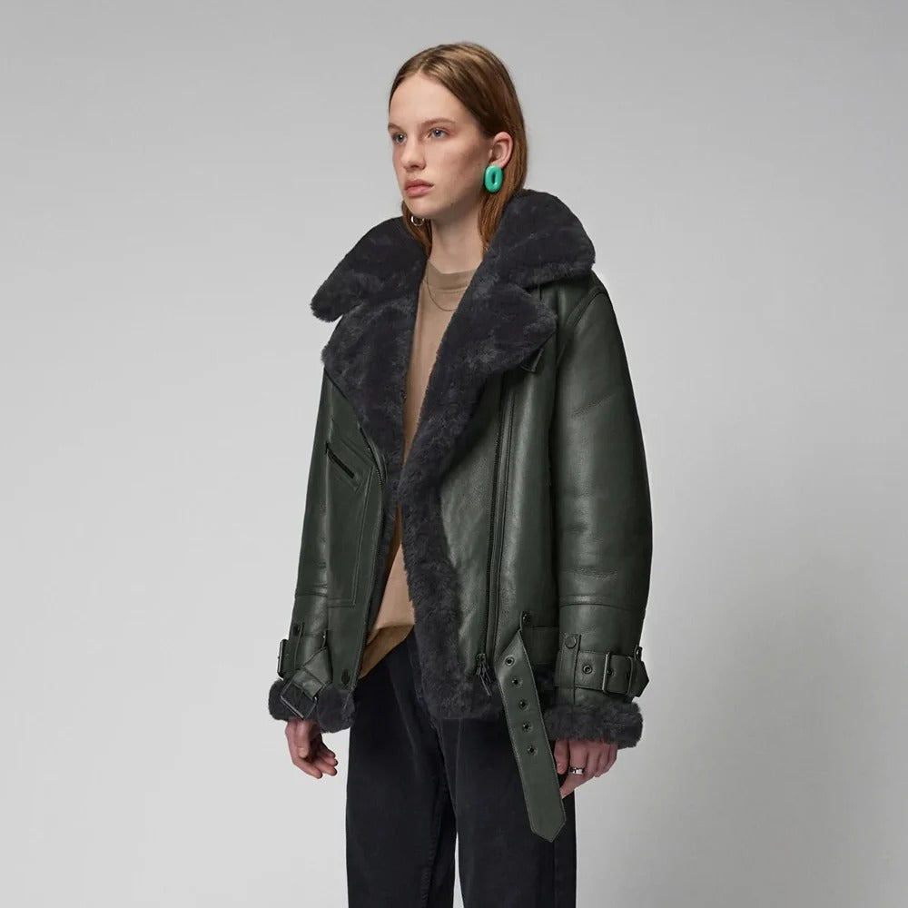 Women's Beige Shearling Aviator Jacket – Faux-Fur Lined Leather Biker Coat