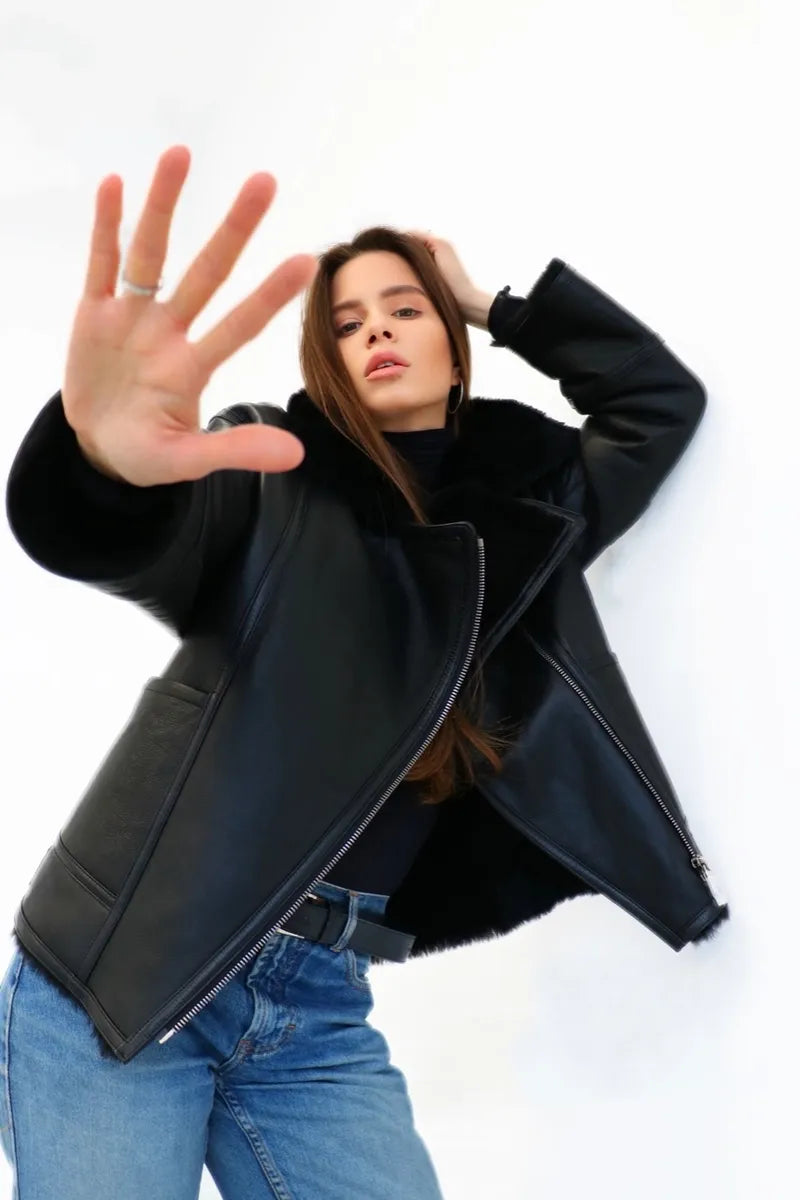 Women's Aviator Shearling Biker Jacket