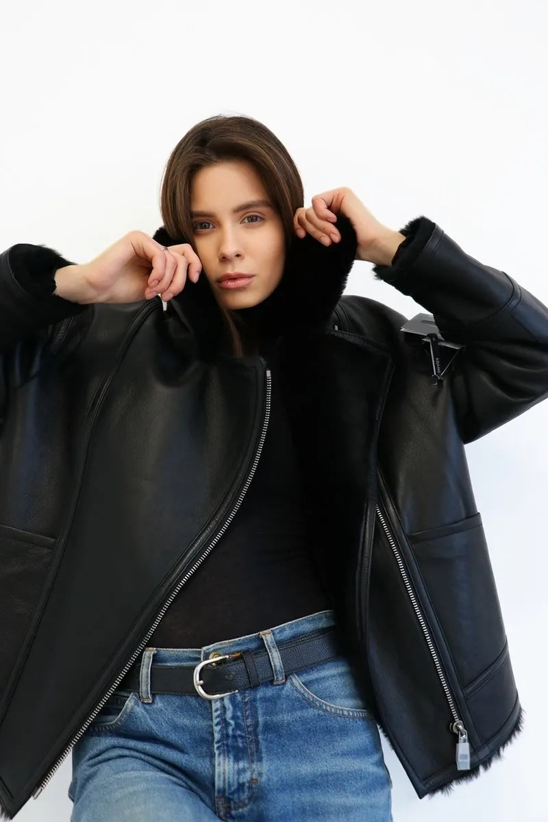 Women's Aviator Shearling Biker Jacket
