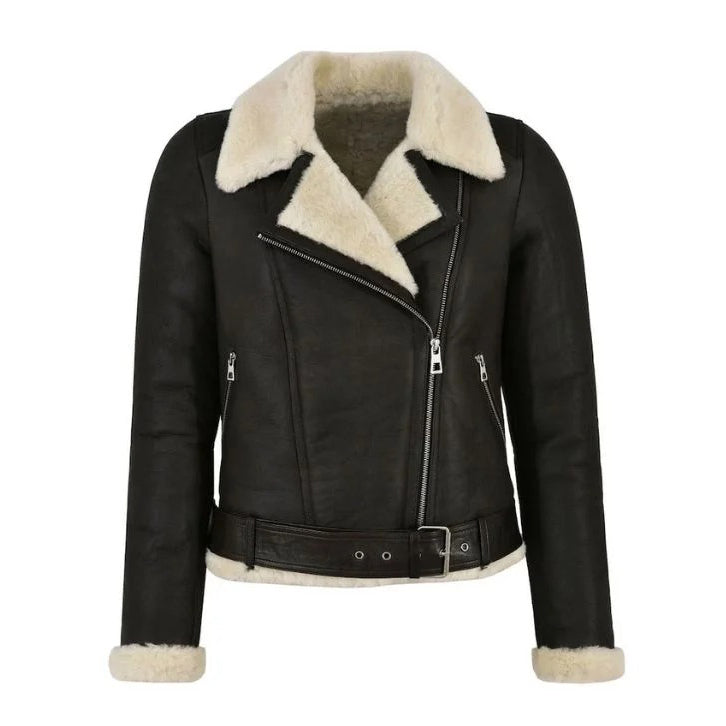 Women's Belted Asymmetric Shearling Biker Jacket