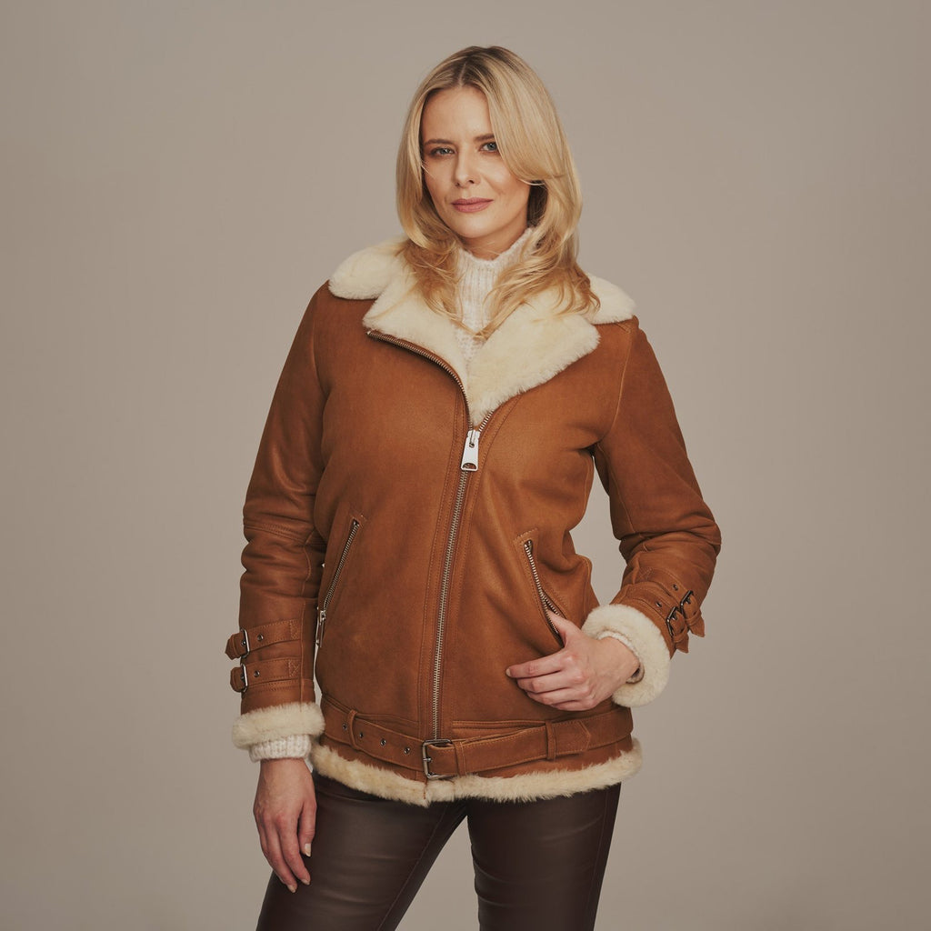 Women's Belted Aviator Shearling Biker Jacket