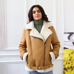Women's Belted Aviator Shearling Biker Jacket