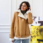 Women's Belted Aviator Shearling Biker Jacket