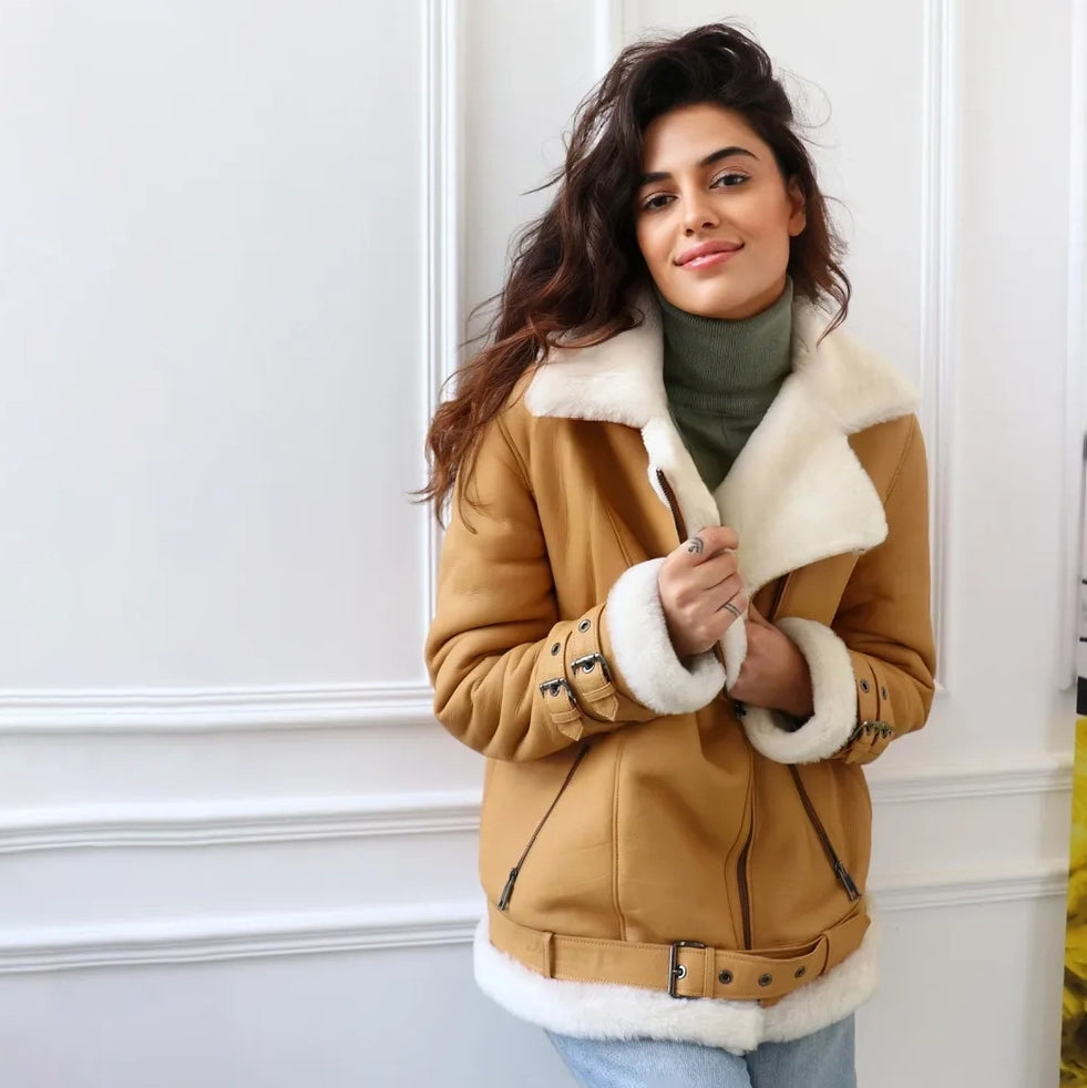 Women's Belted Aviator Shearling Biker Jacket
