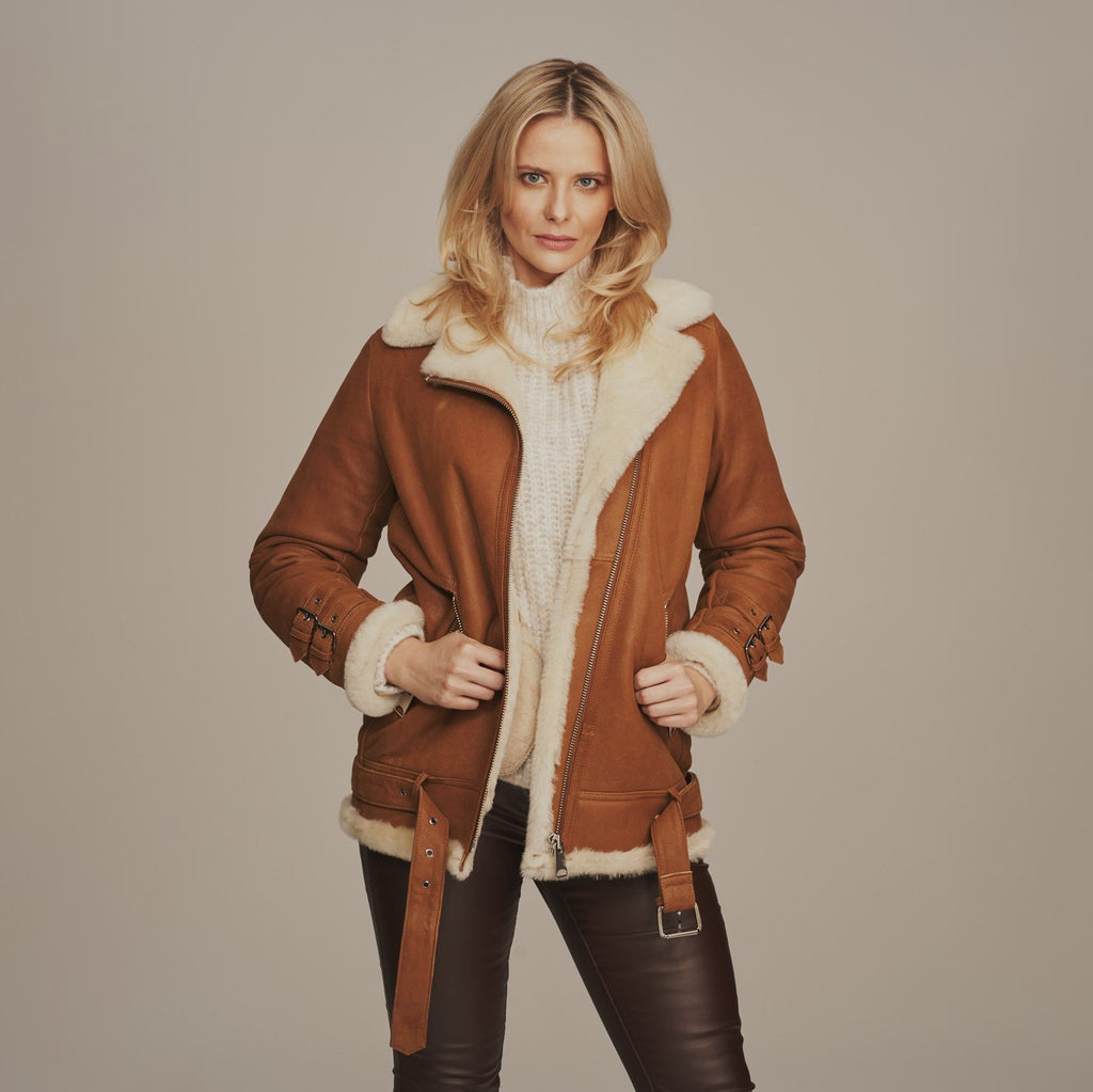 Women's Belted Aviator Shearling Biker Jacket