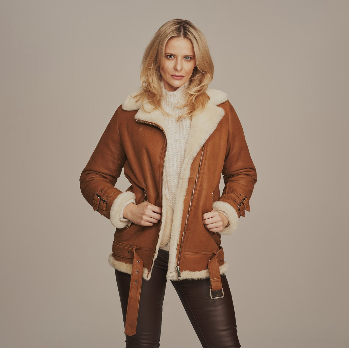 Women's Belted Aviator Shearling Biker Jacket