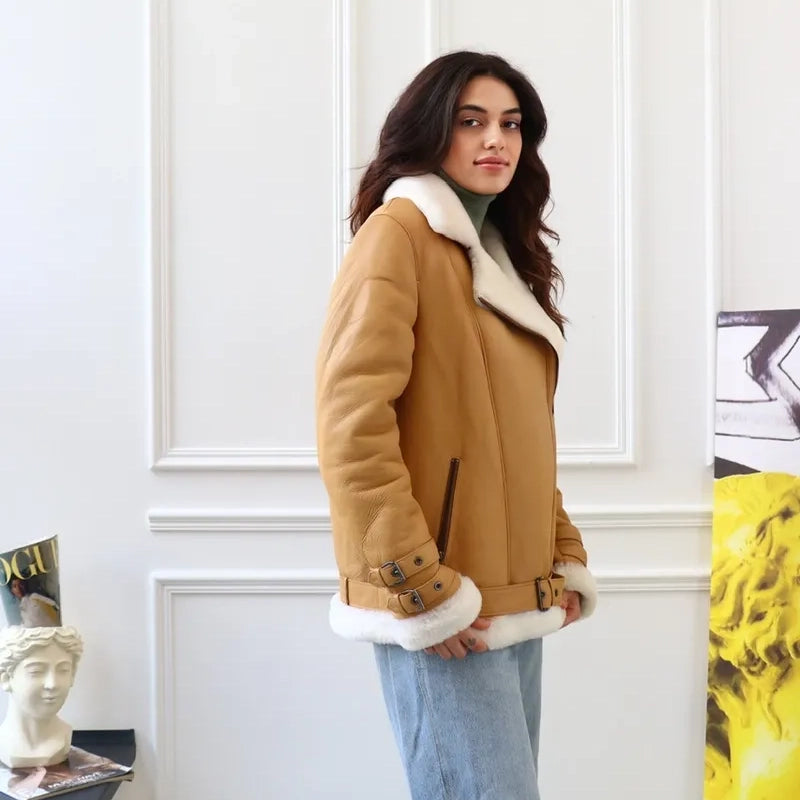 Women's Belted Aviator Shearling Biker Jacket