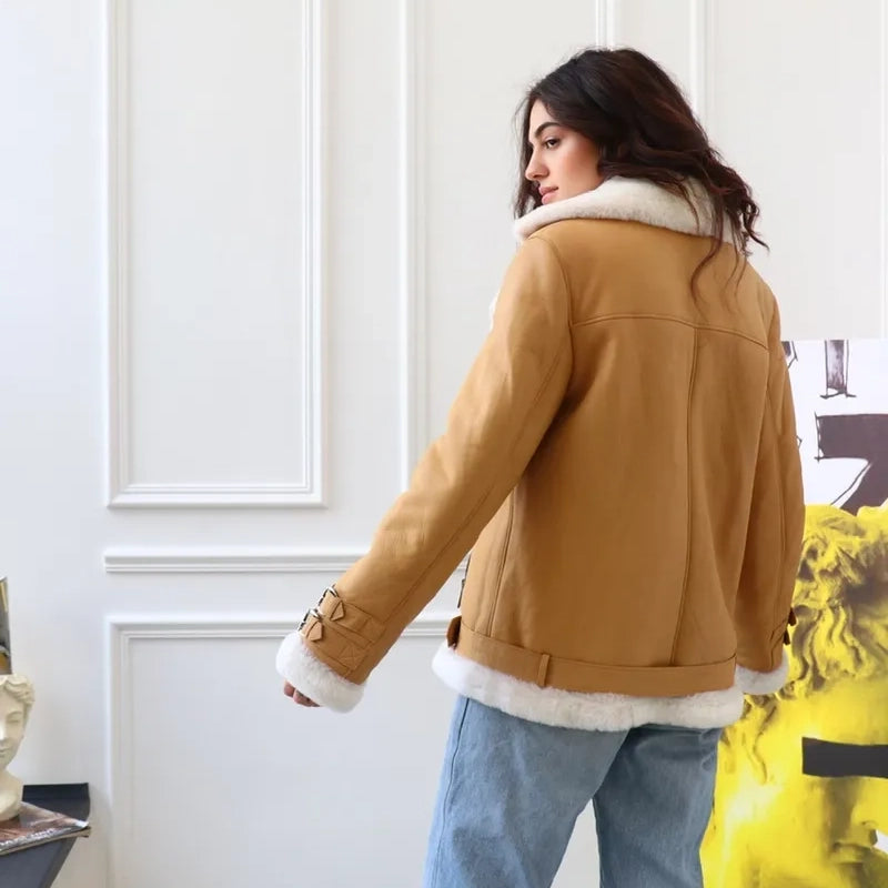 Women's Belted Aviator Shearling Biker Jacket